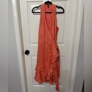 Lauren Ralph Lauren linen wrap ruffle hem dress size 16 peach